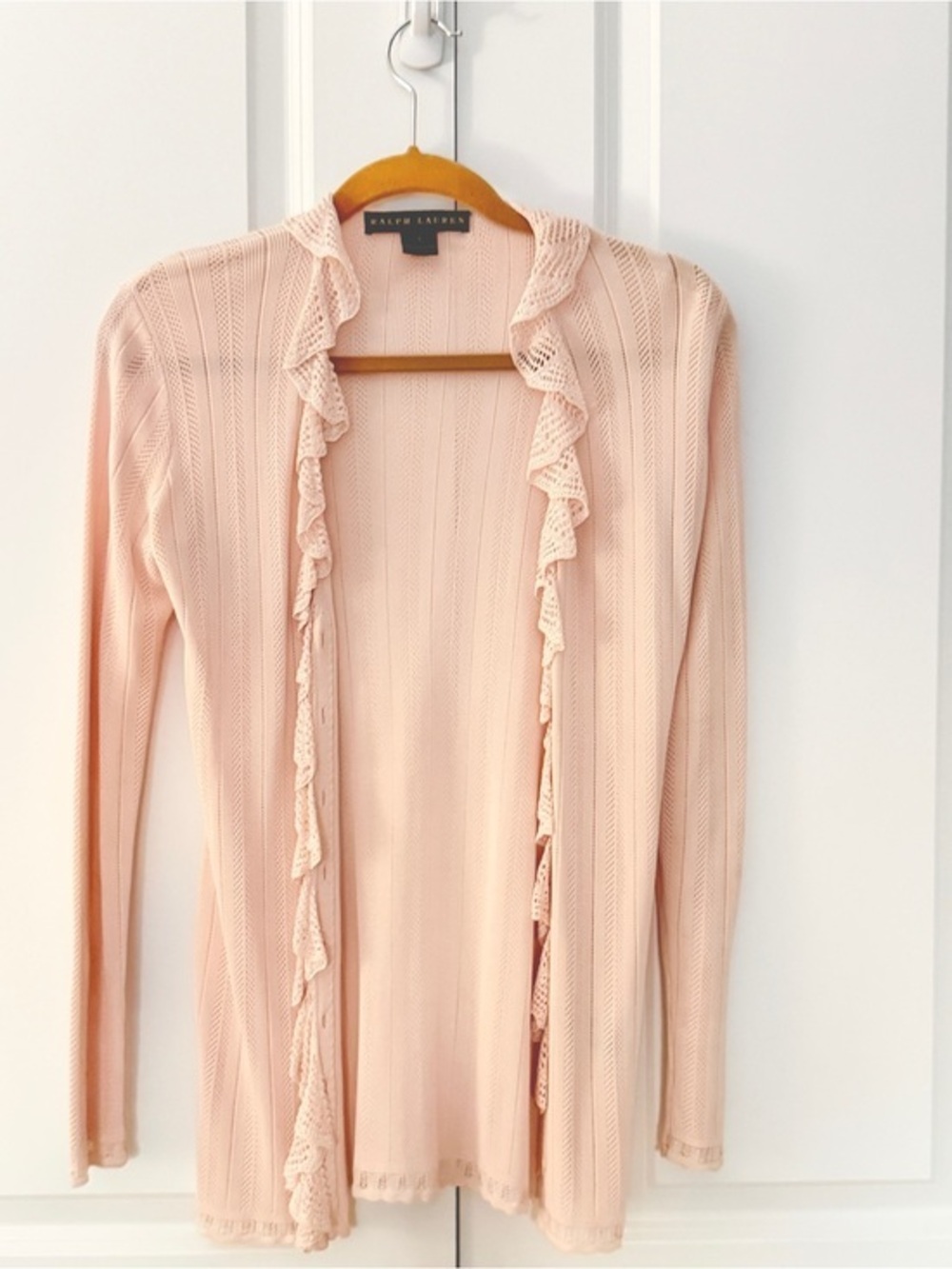 Ralph Lauren Pink Ruffle Cardigan Sweater Small Pointelle Knit Button Front - S